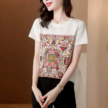 真丝短袖女t恤2023年新款夏季休闲时尚印花圆领绸缎面桑蚕丝上衣图片