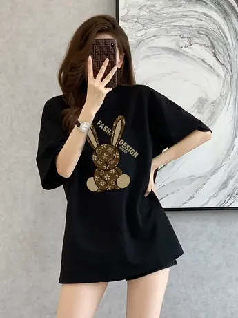 兔子短袖t恤女2023夏季新款宽松港味chic半袖体恤中长款纯棉上衣商品大图