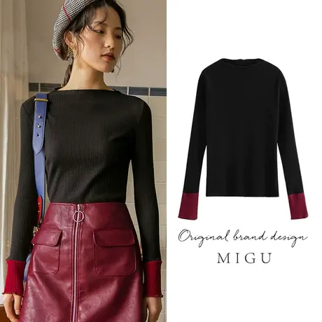 弥古小香风撞色针织上衣女小众法式长袖t恤打底衫秋季内搭高级感商品大图