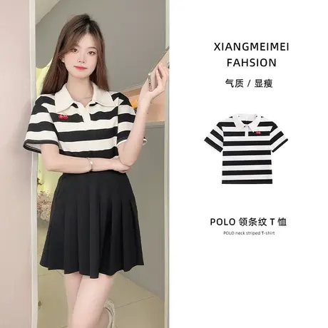 美式刺绣Polo领正肩短袖t恤女夏季设计感小众宽松条纹翻领上衣ins图片