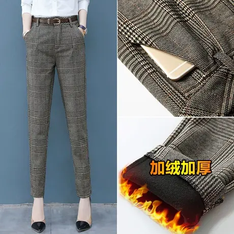 加绒格子裤女秋冬宽松直筒2023新款显瘦烟管西装裤小脚休闲毛呢裤商品大图