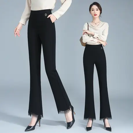 黑色微喇裤女春秋2023年新款高腰显瘦九分鱼尾裤小个子蕾丝喇叭裤图片