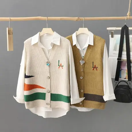 休闲风外搭针织马夹女无袖秋装新款V领宽松外套开衫女士坎肩马甲商品大图