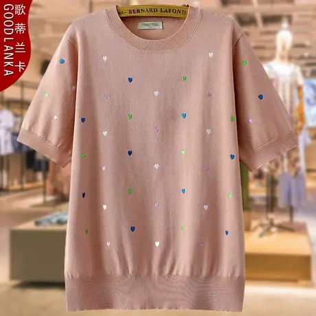 40-50岁中年妈妈夏季针织冰丝上衣大码宽松洋气刺绣女士短袖T恤女商品大图