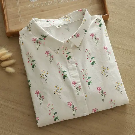 春秋新款日系文艺小清新碎花印花纯棉长袖衬衫女学生宽松打底上衣图片