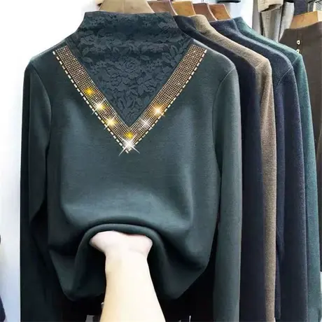 半高领蕾丝德绒打底衫长袖t恤女2020秋冬保暖内搭加绒加厚上衣服商品大图