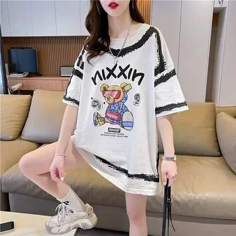 小众设计感短袖t恤女夏季韩版宽松大码女装中长款涂鸦半袖上衣服图片