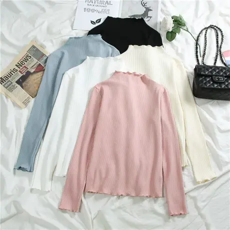 2023春秋洋气半高领打底衫女长袖t恤韩版修身中领木耳边内搭上衣商品大图