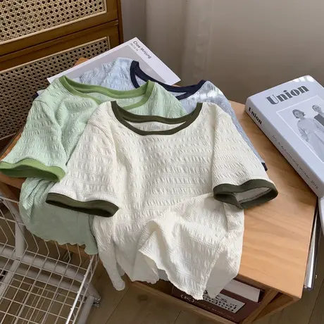 洋气减龄T恤女短袖夏装显瘦修身百搭小个子短款打底衫撞色上衣服商品大图