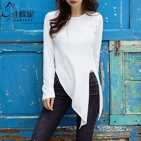 秋韩版宽松大开叉燕尾打结纯棉纯白色长袖半高领体恤T恤打底衫女图片