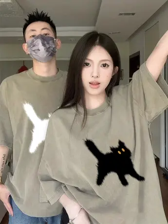 纯棉美式复古短袖t恤女夏季港风chic宽松半袖上衣情侣装小众独特图片