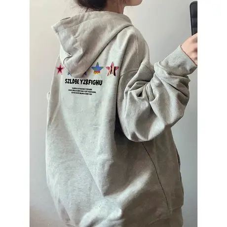 星星印花美式连帽卫衣女春秋薄款宽松慵懒风设计感上衣外套小个子商品大图