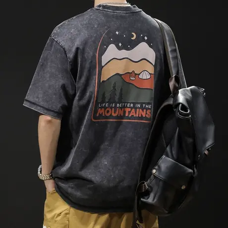 美式潮牌短袖t恤男士半袖夏季2023新款衣服男款大码纯棉水洗复古商品大图