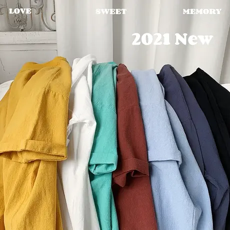 百搭纯色棉麻短袖T恤男夏季ins情侣上衣2021新款宽松潮牌潮流半袖图片