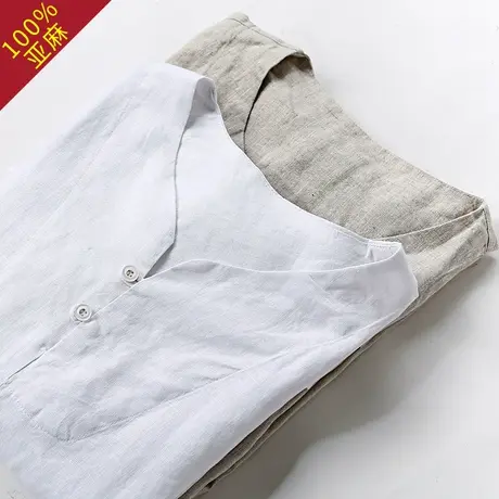 断码男士t恤短袖夏季复古休闲男装亚麻薄款夏装宽松纯色白体恤男商品大图