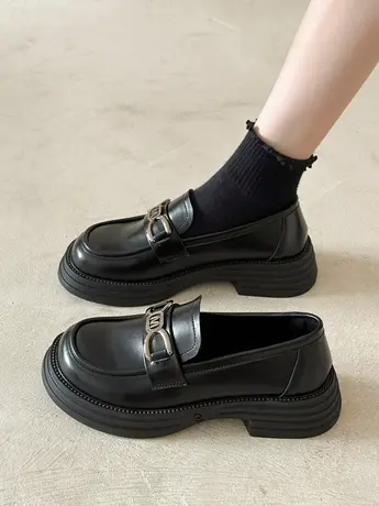 黑色小皮鞋女2023新款秋季鞋子女鞋学院风厚底单鞋一脚蹬乐福鞋女商品大图
