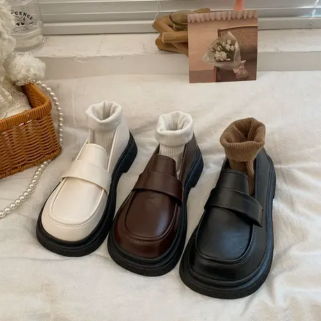 黑色厚底乐福鞋女2023年春秋季新款上班松糕软底单鞋英伦风小皮鞋商品大图