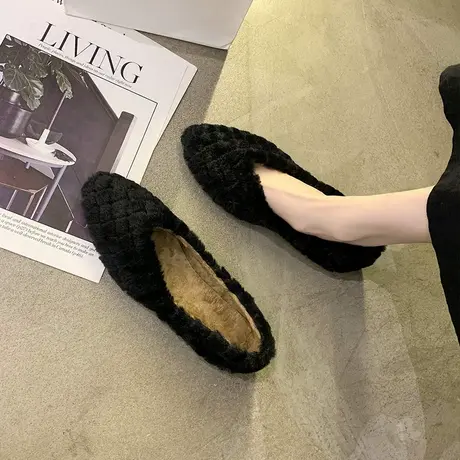 网红毛毛鞋女秋冬外穿2023年新款平底一脚蹬棉瓢鞋时尚软底豆豆鞋商品大图