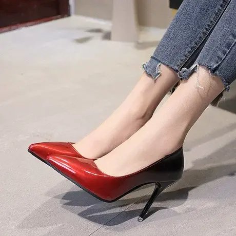 2023夏季新款高跟鞋韩版学生单鞋细跟渐变色女鞋漆皮黑色尖头工作图片