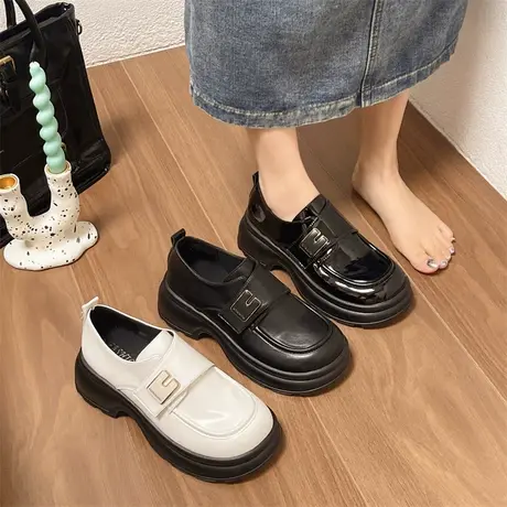 乐福鞋女2024年春秋季新款复古英伦风厚底单鞋魔术贴粗跟小皮鞋潮商品大图