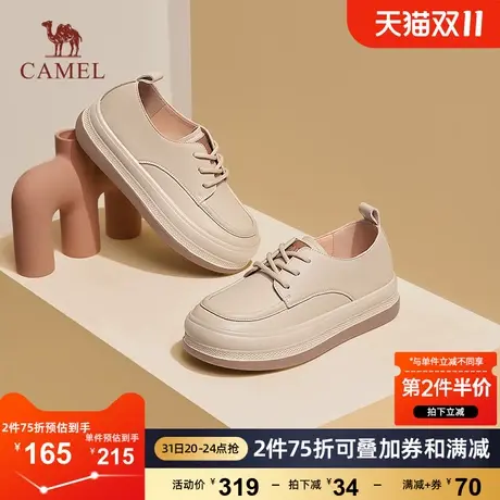 骆驼女鞋2023秋季新款英伦风小皮鞋女系带深口高跟粗跟单鞋女图片