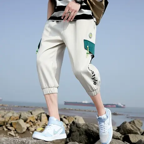 裤子男夏季薄款中裤韩版宽松工装七分裤男士运动裤冰丝休闲短裤男商品大图