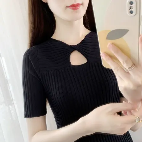 夏季新款冰丝针织短袖t恤女短款半袖内搭打底薄款一字领小衫上衣图片