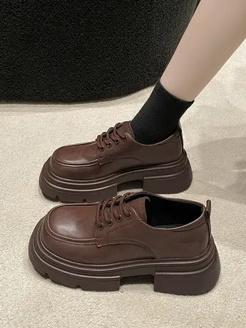 棕色厚底英伦风小皮鞋女2024年春秋新款单鞋法式小个子增高乐福鞋商品大图