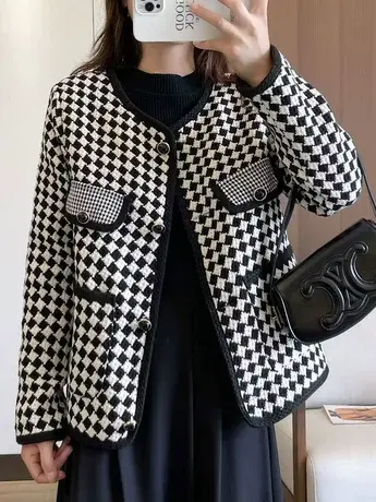 千鸟格短款外套女装2023秋冬新款韩版百搭小个子格纹粗花毛呢上衣商品大图