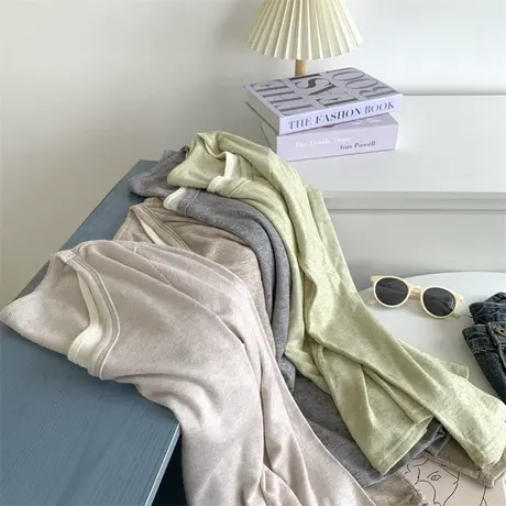 软糯羊绒感/假两件长袖U领T恤打底衫女气质内搭秋冬垂感上衣T恤女商品大图