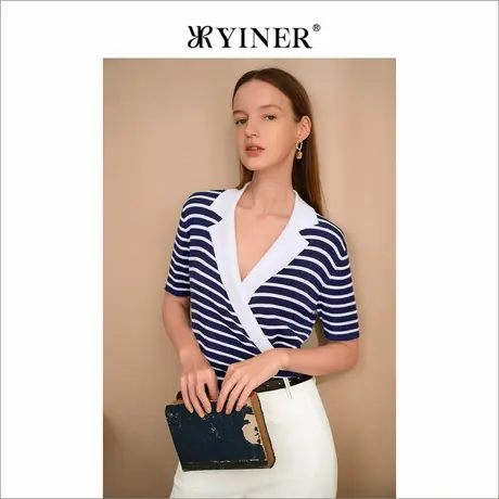 YINER音儿女装夏季女装时尚短袖条纹西装领针织衫图片