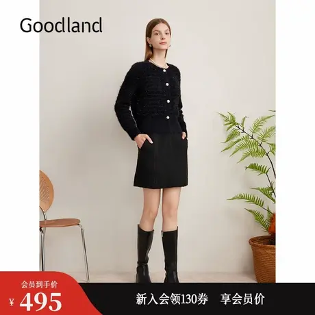 Goodland美地秋季闪闪花纱小香风毛针织开衫薄外套图片
