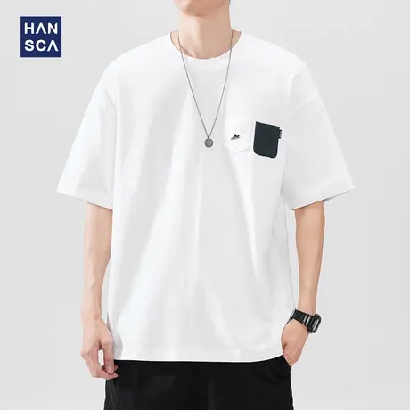 hansca 日系220g轻薄纯棉短袖t恤男款2025夏季撞色多口袋休闲上衣商品大图