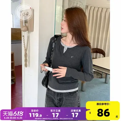 yoe灰色假两件女上衣拼接长袖t恤女春秋设计感小众修身内搭打底衫商品大图