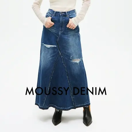 MOUSSY 2025夏季新品美式复古做旧磨白牛仔半身裙女028ISA11-1651图片