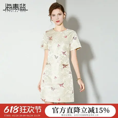 海青蓝新中式国风提花连衣裙女2024夏季新款圆领显瘦蝴蝶印花裙子图片