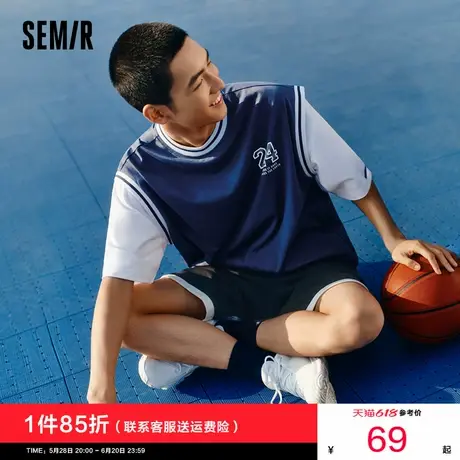 森马短袖T恤男时尚假两件上衣夏季oversize运动球服潮流撞色印花图片