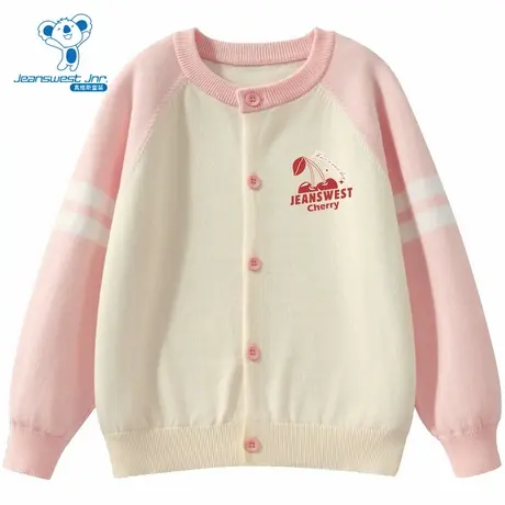 PV真维斯女童装 2025秋季新款清新樱桃印花拼色百搭童装针织上衣商品大图