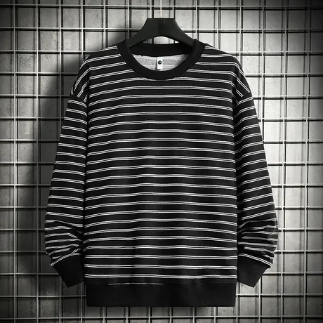 重磅卫衣男2023新款春秋季宽松潮流百搭黑白条纹圆领无帽长袖t恤图片