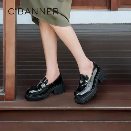 千百度秋季新款厚底乐福鞋女柔韧牛皮复古增高女单鞋小皮鞋商品大图