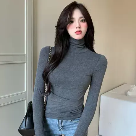 灰色堆堆领高领打底衫女内搭秋冬季2022新款洋气百搭上衣长袖t恤商品大图