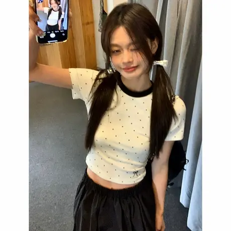 2025夏季高级感圆领波点t恤女新款欧货百搭修身洋气时尚灰色上衣商品大图