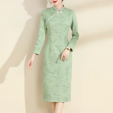 水墨青华2023秋季新品立领新中式改良旗袍名媛时尚麂皮绒连衣裙图片