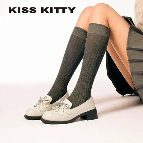 KISSKITTY粗跟高跟鞋女不累脚拼色小皮鞋气质玛丽珍一脚蹬单鞋女商品大图