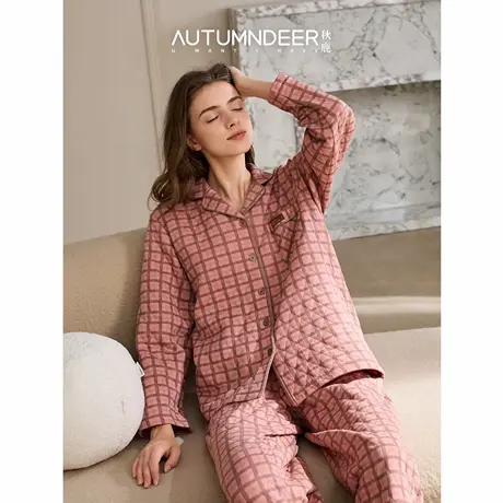 新品秋鹿睡衣女秋季空气棉夹层2025秋冬款长袖加厚女士家居服套装商品大图