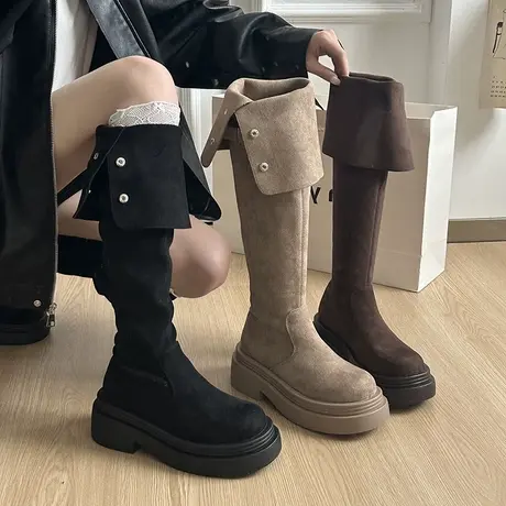 厚底增高长靴女2025年秋季新款小个子绒面显瘦骑士靴过膝两穿靴子商品大图