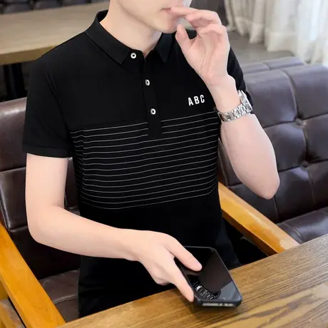 polo衫男士短袖t恤夏季新款冰丝凉感翻领半袖修身款男装潮牌衣服商品大图