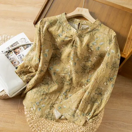 享永子苎麻衬衫女文艺复古碎花棉麻衬衣宽松显瘦上衣2023春季新款商品大图