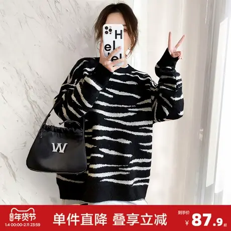 唐狮秋冬时髦动物纹圆领套头毛衣女潮流高级感小个子女式上衣商品大图