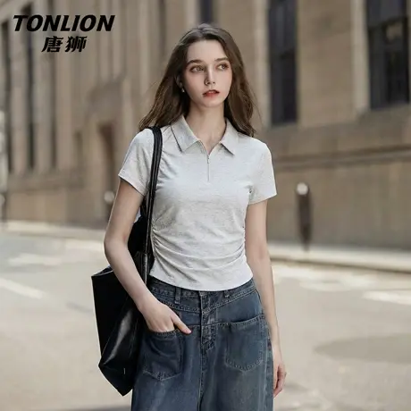 唐狮官方Polo衫短袖t恤女2026新款夏短款半袖收褶显瘦翻领上衣VC图片